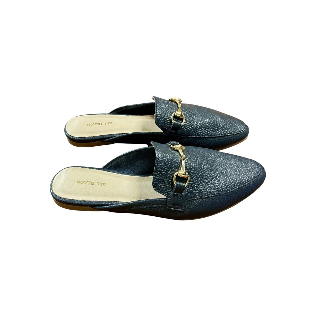 ALL BLACK Horsebit Loafer Mules 39.5 9 Navy Blue Leather Classic Luxury - Picture 3 of 9
